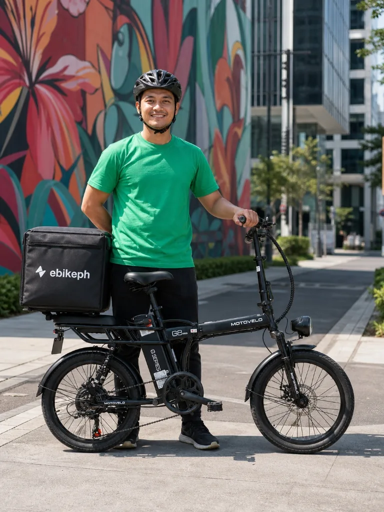Motovelo G8 Pro delivery e-bike and rider in BGC Metro Manila